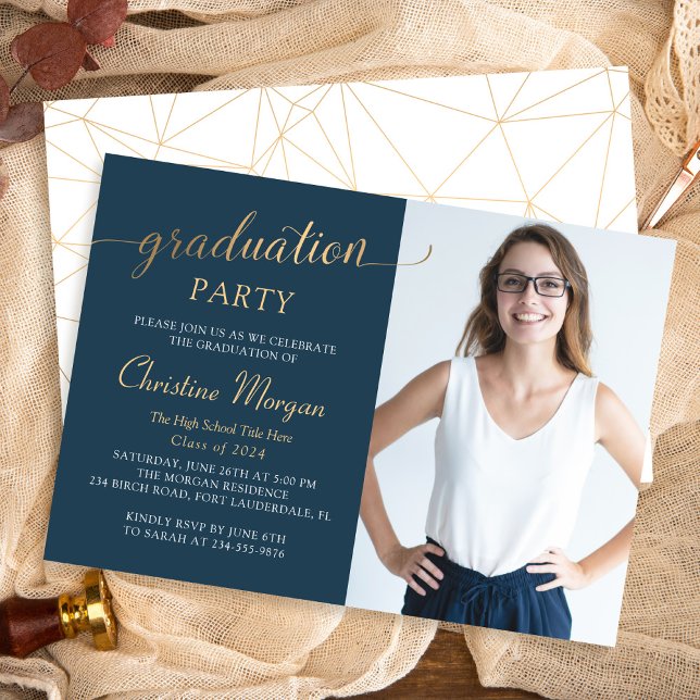 Invitation Gold Script Navy Blue Graduation Party Photo (Créateur téléchargé)