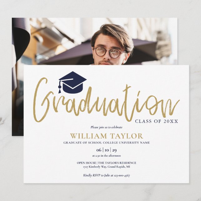 Invitation Gold Script Navy Blue Photo Graduation Party (Devant / Derrière)