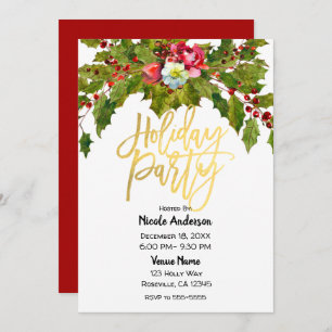 Invitation Gold Script Noël Fête Holly Floral