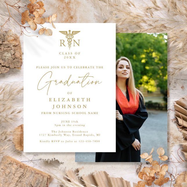Invitation Gold Script RN Nursing Photo Party (Gold Script RN Nursing Photo Graduation Party Invitation)