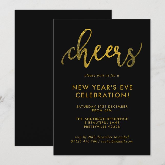 Invitation Gold Script salue l'invitation du Nouvel An de la  (Devant / Derrière)