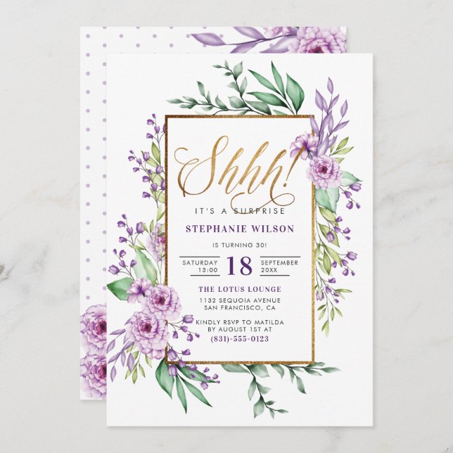 Invitation Gold Script Watercolor Surprise fête d'anniversair (Devant / Derrière)