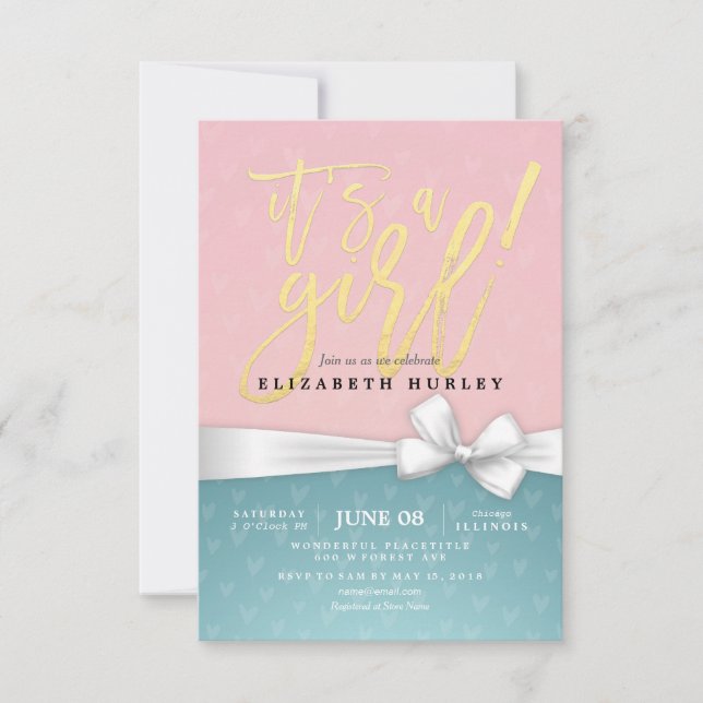 Invitation Gold Script White Ruban bleu rose Baby shower (Devant)