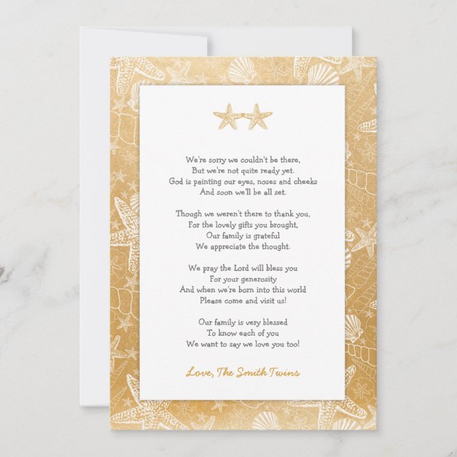Invitation Gold Sea Shells Starfish neutre Twins merci (Devant)