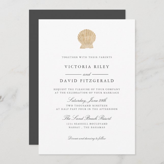 Invitation Gold Seashell Elegant Ocean Beach mariage (Devant / Derrière)