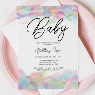 Invitation Gold Shimmer et bulle Rainbow 1er Baby shower