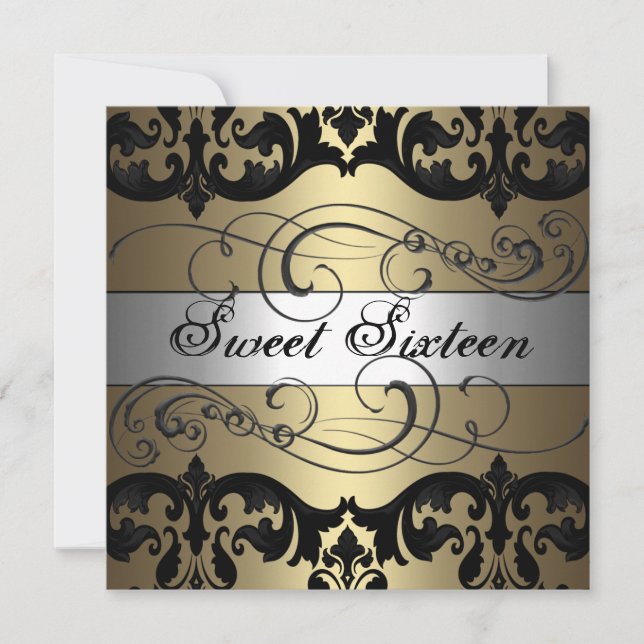 Invitation Gold & Silver Damask Sweet 16 Anniversaire Invitat (Devant)