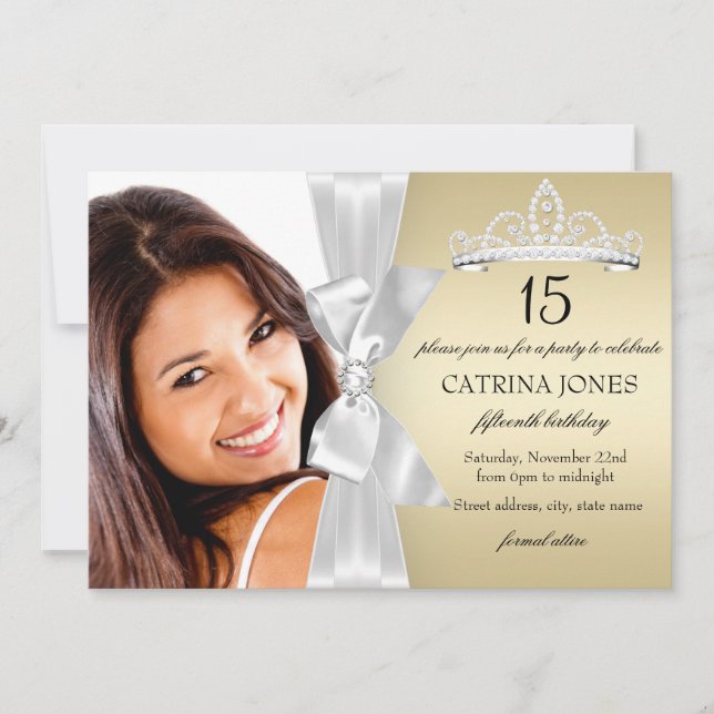 Invitation Gold Silver Diamond Bow & Tiara Quinceanera Invita (Devant)