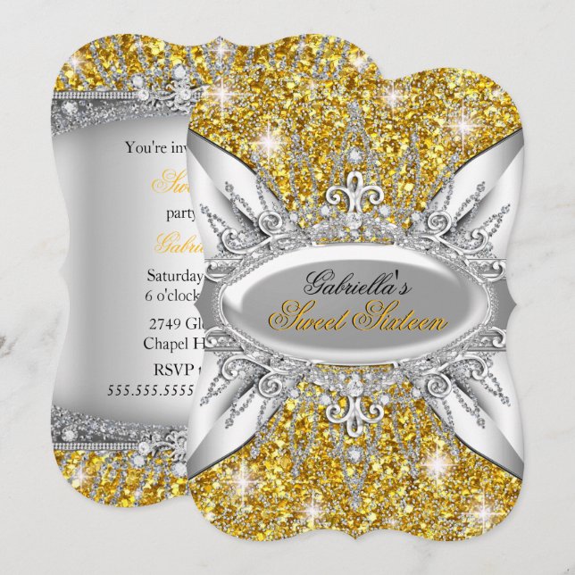 Invitation Gold Silver Sparkle Diamond Sweet 16 (Devant / Derrière)