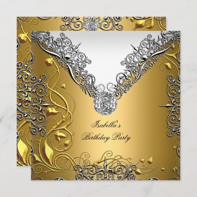 Invitation Gold Silver White Soirée d'anniversaire élégante (Devant / Derrière)