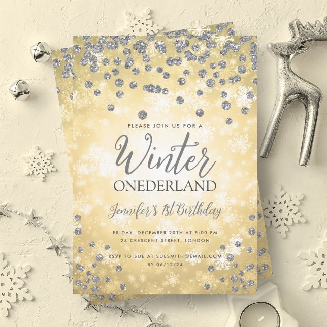 Invitation Gold Silver Winter ONEDERLAND 1er anniversaire (Gold Silver Winter ONEDERLAND 1st Birthday Invitation)