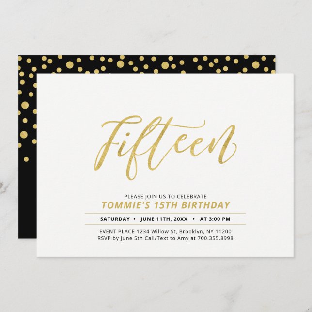 Invitation Gold Simple Modern Lettering 15e fête d'anniversai (Devant / Derrière)