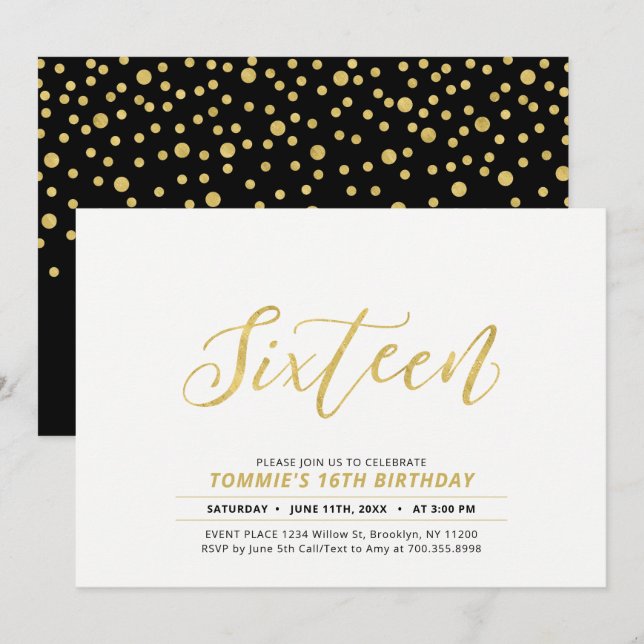 Invitation Gold Simple Modern Lettering 16e fête d'anniversai (Devant / Derrière)