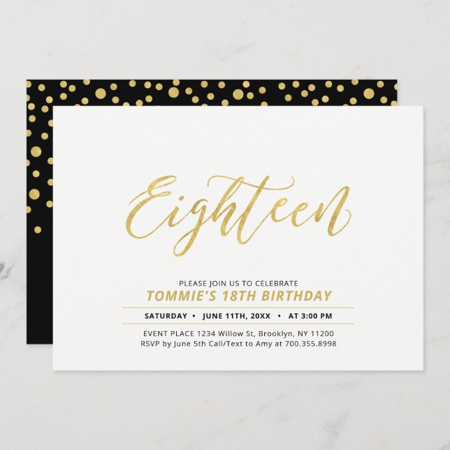 Invitation Gold Simple Modern Lettering 18e fête d'anniversai (Devant / Derrière)