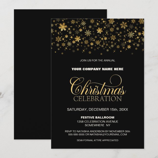 Invitation Gold Snowflakes Black Corporate Christmas Party (Devant / Derrière)