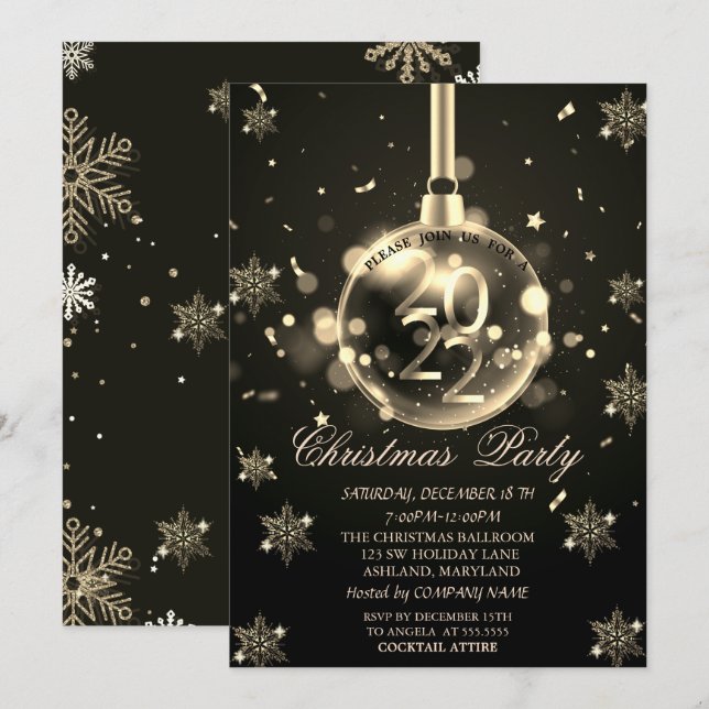 Invitation Gold Snowflakes, Christmas Ball 2022 Party (Devant / Derrière)