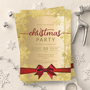 Invitation Gold Snowflakes Company Christmas Red Ribbon