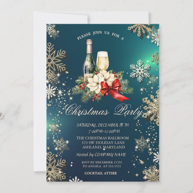 Invitation Gold Snowflakes, Poinsettia Wine Company Party (Devant)