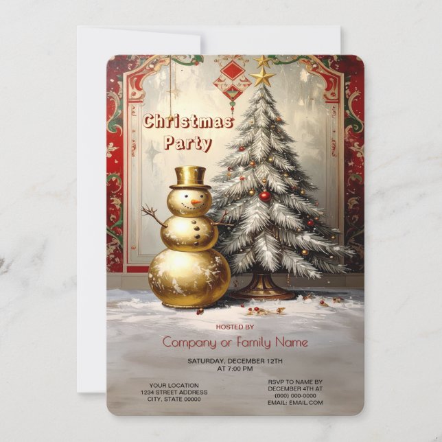 Invitation Gold Snowman Christmas Tree Holiday Party (Devant)