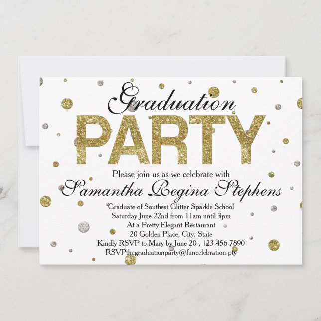 Invitation Gold Sparkle Confetti Graduation Party (Devant)