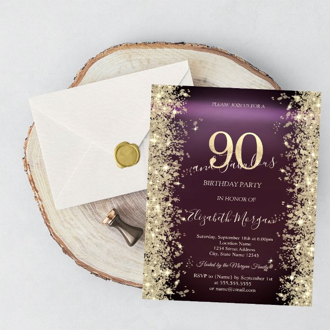 Invitation Gold Sparkle Diamonds Bourgogne 90e anniversaire (Créateur téléchargé)