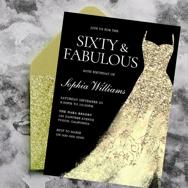 Invitation Gold Sparkle Gown Noir 60e fête d'anniversaire (Créateur téléchargé)