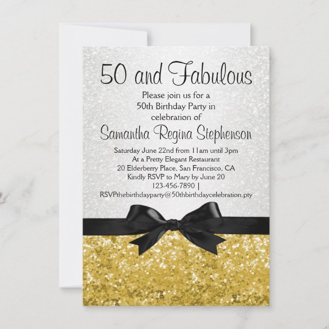 Invitation Gold Sparkle-look Bow 50e fête d'anniversaire (Devant)