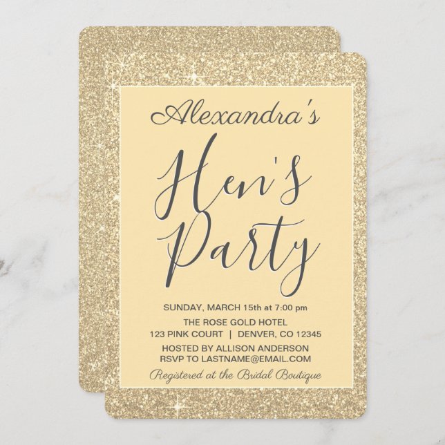 Invitation Gold Sparkle Parties scintillant Hen's Party (Devant / Derrière)