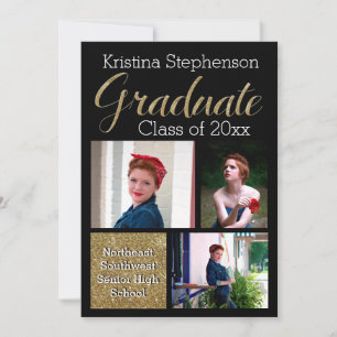 Invitation Gold Sparkle Photo Collage Lycée Graduation
