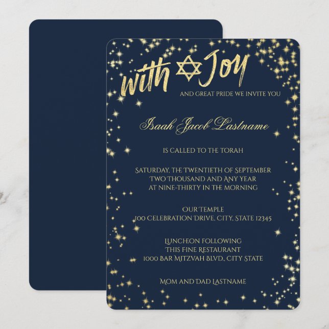Invitation Gold Sparkle Sky Navy Blue Bar Mitzvah (Devant / Derrière)