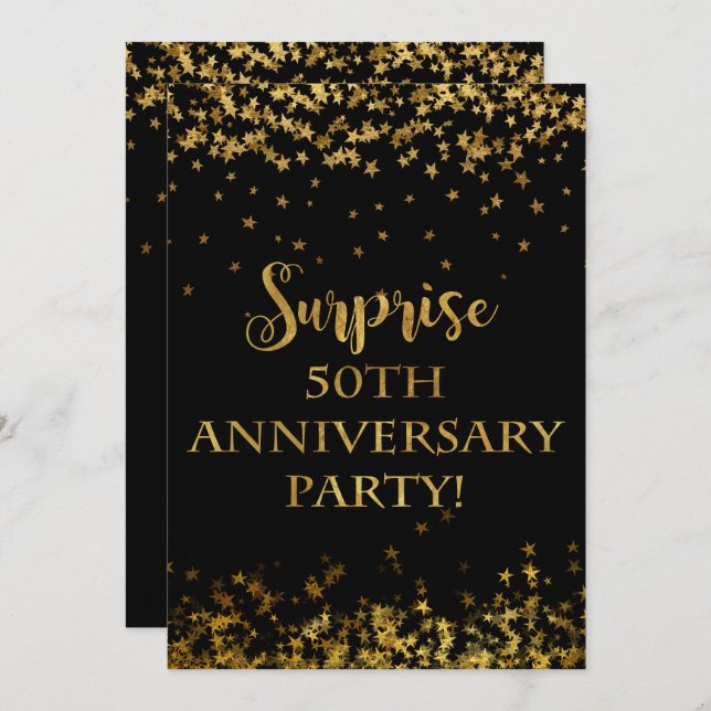 Invitation Gold Sparkle Stars Texte 50e anniversaire (Devant / Derrière)