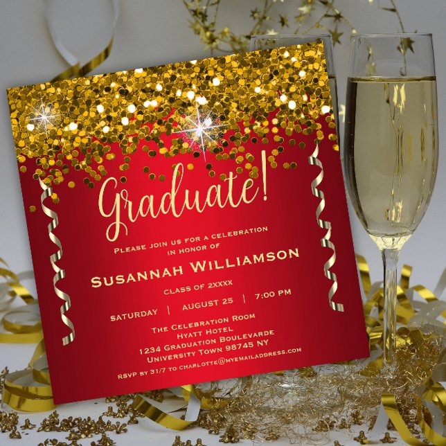 Invitation Gold Sparkles Parties scintillant Red Graduation P (Créateur téléchargé)
