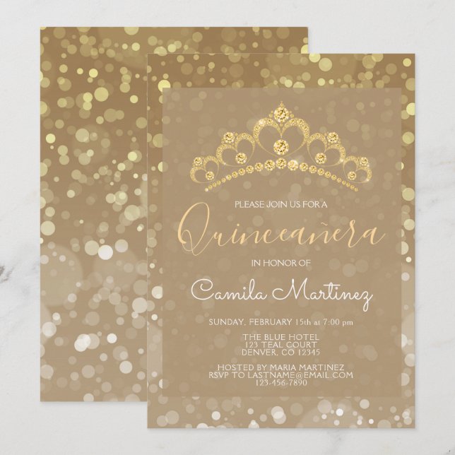 Invitation Gold Sparkly Confetti Quinceanera avec Tiara (Devant / Derrière)