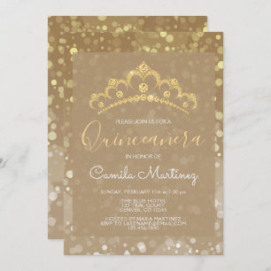 Invitation Gold Sparkly Confetti Quinceanera avec Tiara
