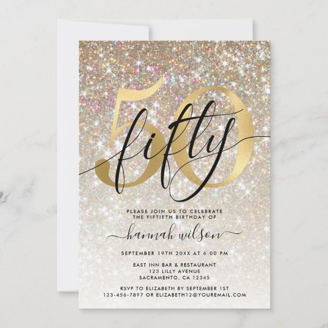 Invitation Gold Sparkly Parties scintillant 50e fête d'annive (Devant)