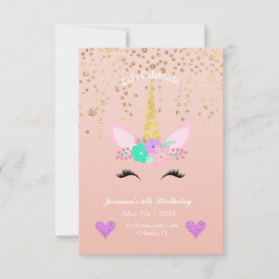 Invitation Gold Speckled Unicorne florale Anniversaire