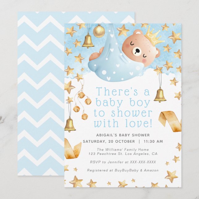 Invitation Gold Star Blue Teddy Bear Prince - Baby shower gar (Devant / Derrière)
