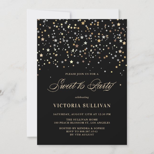 Invitation Gold Star Confetti Sweet sixteen Party (Devant)