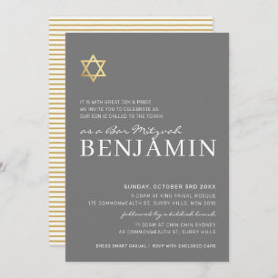 Invitation GOLD STAR moderne Bar Mitzvah gris minimum blanc