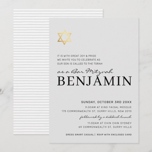 Invitation GOLD STAR moderne Bar Mitzvah gris pâle minimal (Devant / Derrière)