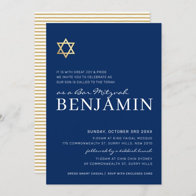 Invitation GOLD STAR moderne Bar Mitzvah marine minimale blan (Devant / Derrière)