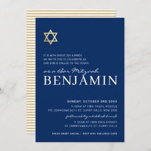 Invitation GOLD STAR moderne Bar Mitzvah marine minimale blan
