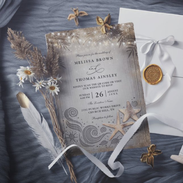Invitation Gold Starfish Tropical Beach Chic QR Code Wedding (Créateur téléchargé)