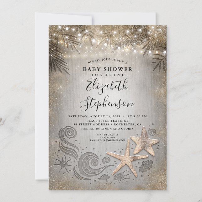 Invitation Gold Starfish Tropical Beach Lights Baby shower (Devant)