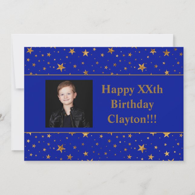 Invitation Gold Stars Avec Photo Message Sur Blue Birthday (Devant)