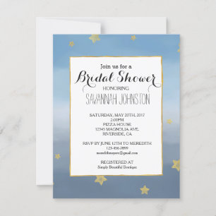 Invitation Gold Stars Blue Watercolor Sky douche nuptiale