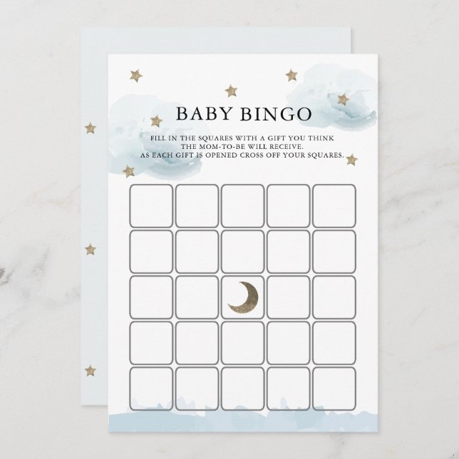 Invitation Gold Stars & Clouds Baby shower Bingo Game Card (Devant / Derrière)