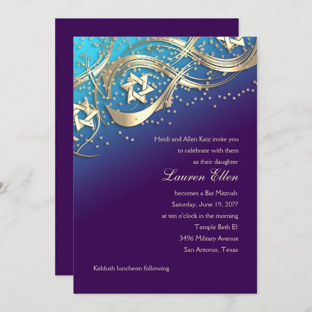 Invitation Gold Stars Confetti Flourdissant Bat mitzvah Turqu (Devant / Derrière)