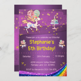 Invitation Gold Stars et Purple Unicorn Anniversaire