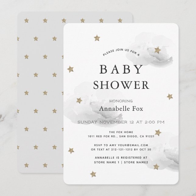 Invitation Gold Stars & Fluffy Grey Clouds Baby shower (Devant / Derrière)